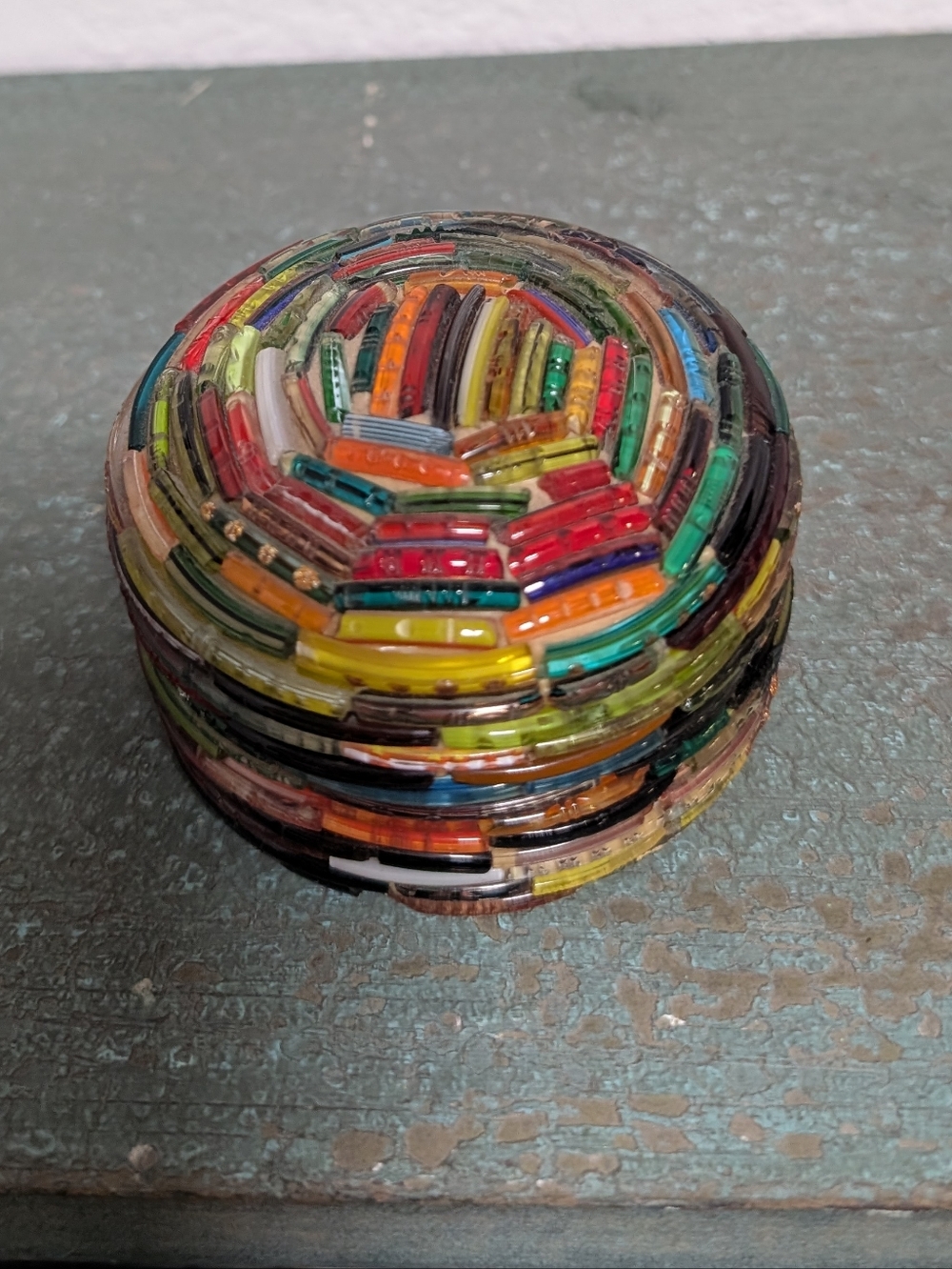 Trinket Jewelry Box Round Beaded Multicolor Colorful Domed Lid Handmade
